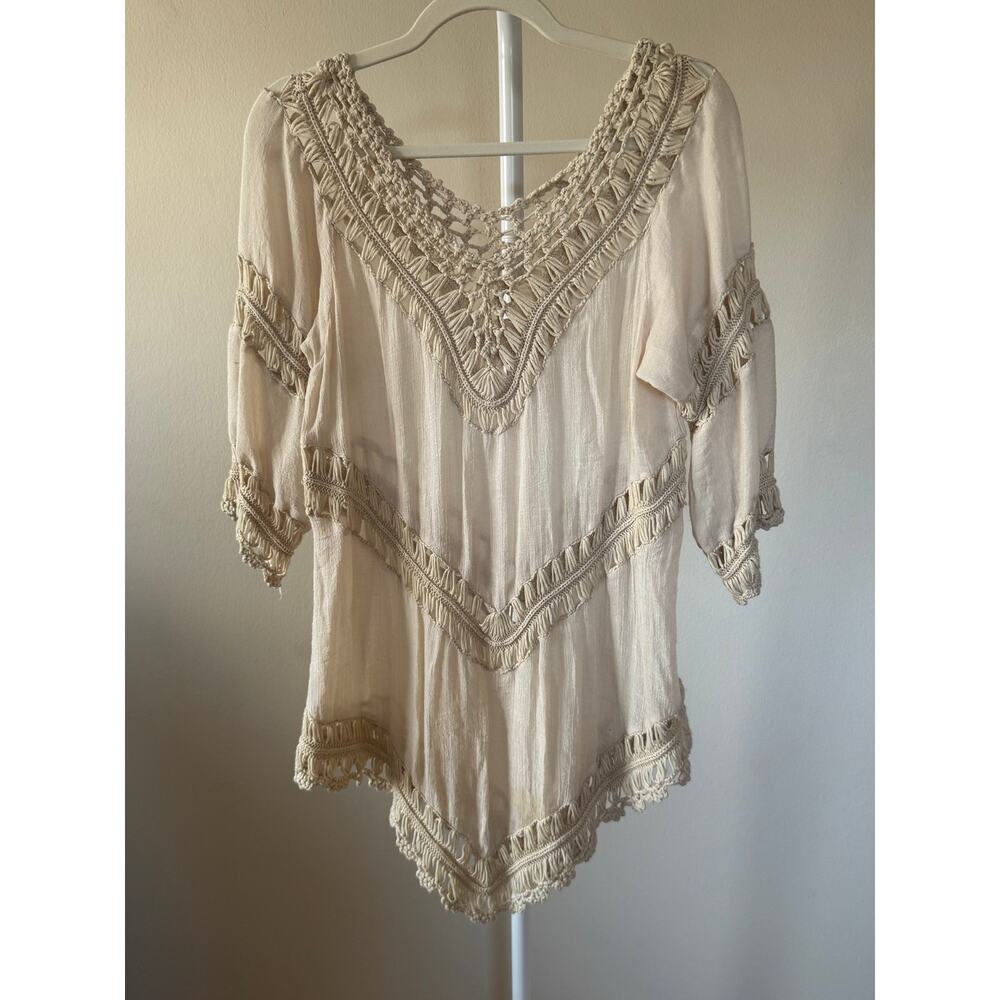 Bohemian Crochet Semi Sheer Coverup Top Layer Cream Renaissance - XS-M Beach - Picture 2 of 4